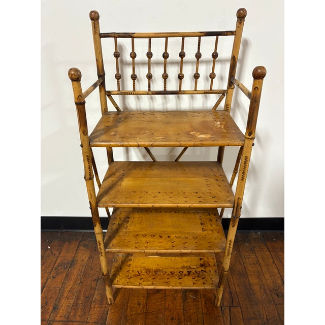 Antique English Scorched or Burnt Bamboo Etagere / Bookcase Shelving For Sale - Image 4 of 9