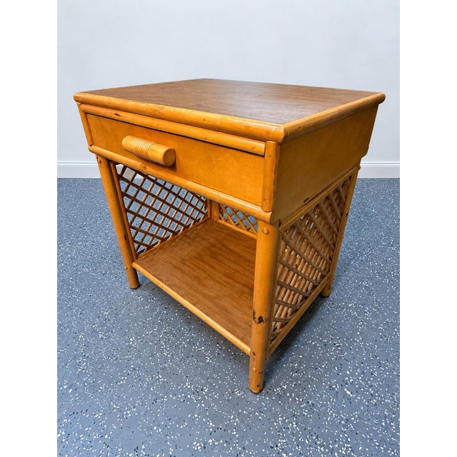 Coastal Vintage Coastal Bamboo and Rattan Lattice Nightstand With Drawer For Sale - Image 3 of 10