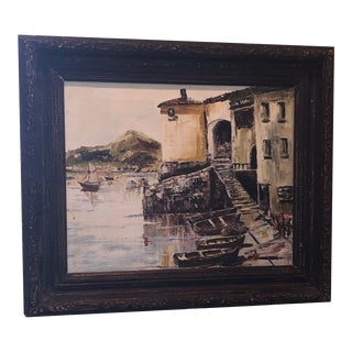 Nautical Painting of French Seaside Fishing Village For Sale