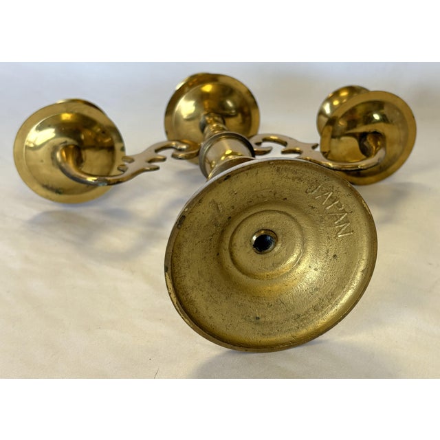 Vintage Brass 3-Candle Holder Made in Japan For Sale - Image 14 of 14