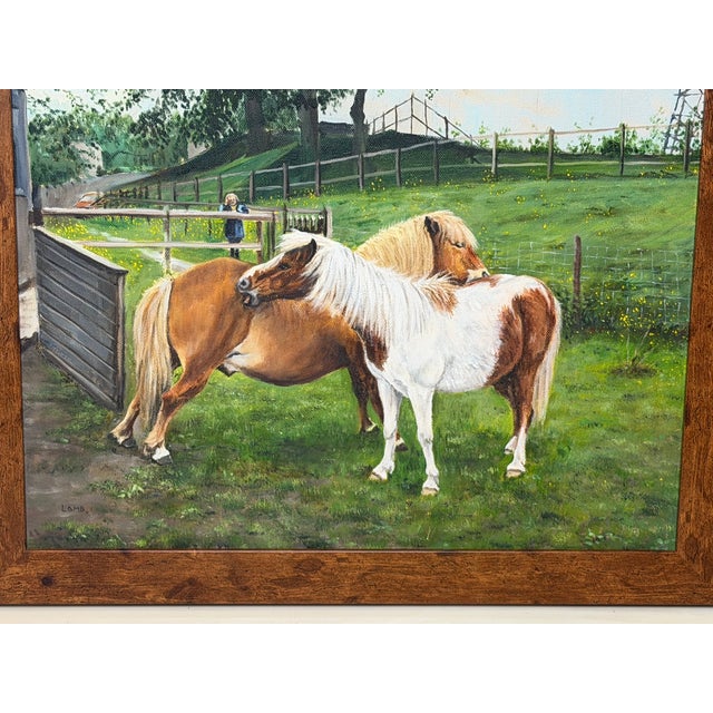Shetland Groom Original British Equestrian Oil Painting of Two Ponies Framed For Sale - Image 4 of 14