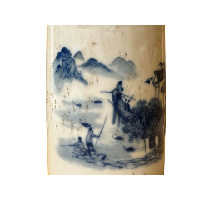Chinese Distressed White Porcelain Blue Mountain Houses Graphic Holder Vase For Sale - Image 13 of 15