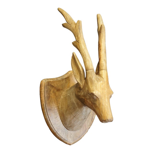 Mid 20th Century Rustic Carved Hardwood Taxidermy Deer Antelope Stag Head Bust With Antlers For Sale