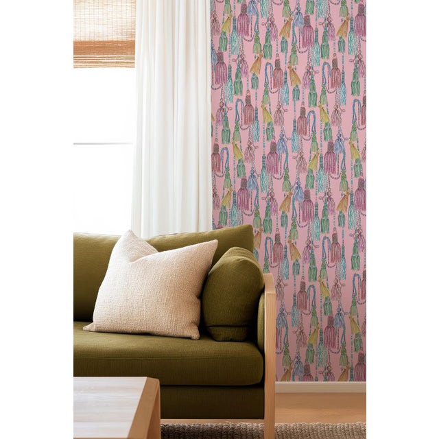 Pink Tassel Trellis Grasscloth Wallpaper by House Party | Patina Pink | 6 Yards For Sale - Image 8 of 9