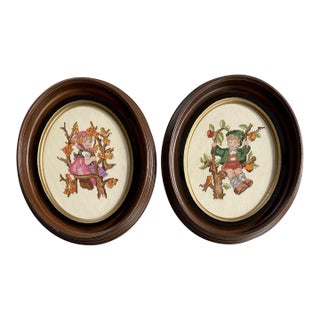 Vintage Needlepoint Girl & Boy In Antique Oval Deep Wood & Gold Frames For Sale