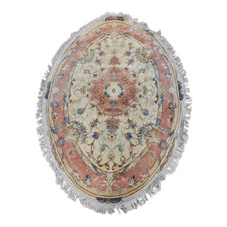 Vintage Oval Shaped Persian Tabriz Rug, Hand-Knotted Wool & Silk, Floral Pattern, Ivory & Pale Pink, 3x5 For Sale