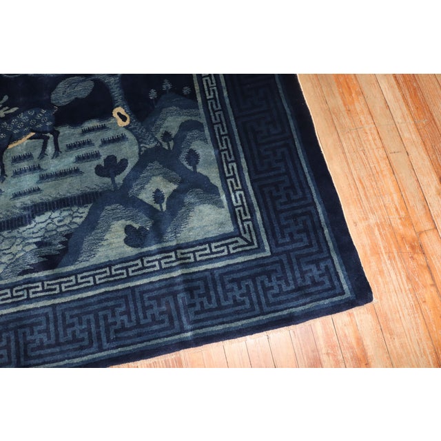Chinese Early 20th Century Zabihi Collection Chinese Blue Deer Bird Pictorial Landscape Rug - 4'10" x 6'2" For Sale - Image 3 of 8