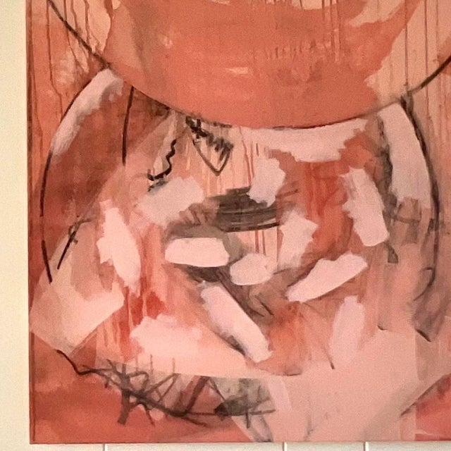 Textile Vintage Signed Abstract Expressionist Pink & Coral Oil Painting For Sale - Image 7 of 14