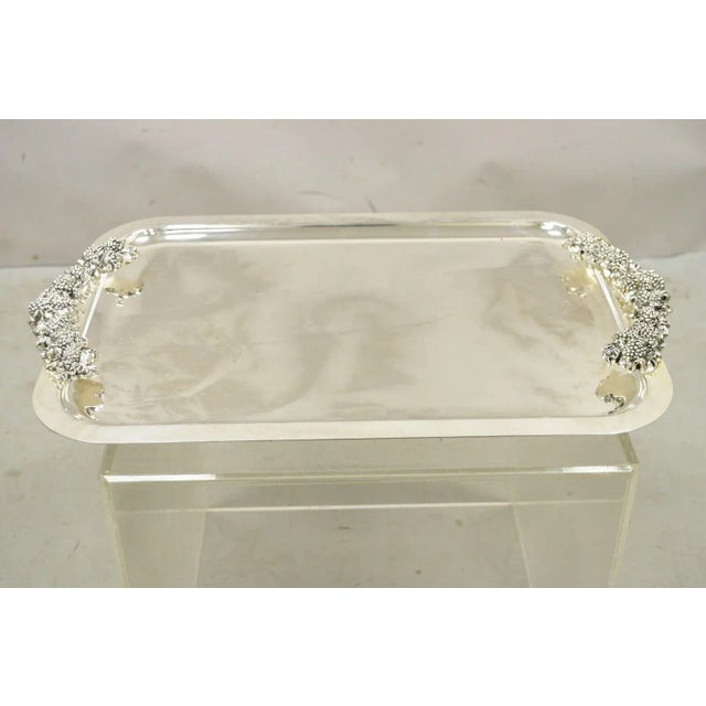 Late 20th Century e.p. Steel Rectangle Silver Plated Grape Cluster Handle Serving Platter Tray For Sale - Image 9 of 10