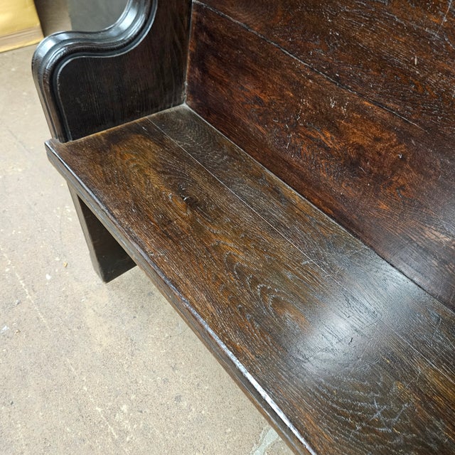 Antique Oak English Church Pew Bench With Low Carved Arms For Sale - Image 10 of 13