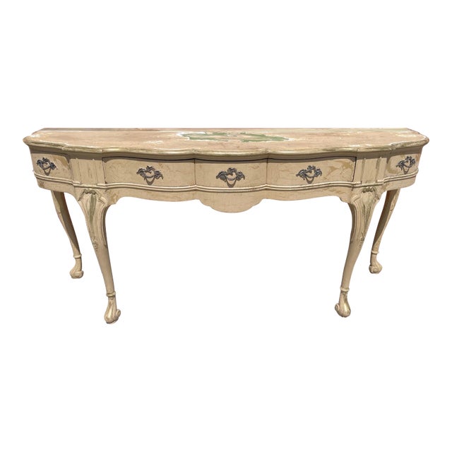 Antique French Louis XV Style Distressed Scalloped Front Console Table For Sale