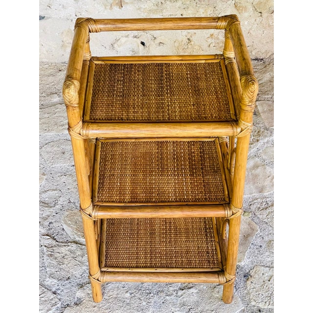 Mid-Century Modern Vintage Bamboo and Rattan Three-Tier Shelf, 1970s For Sale - Image 3 of 18