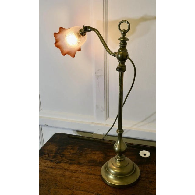 French Brass Desk/Table Lamp with Detailed Pink/Amber Glass Shade, 1890s For Sale - Image 5 of 11