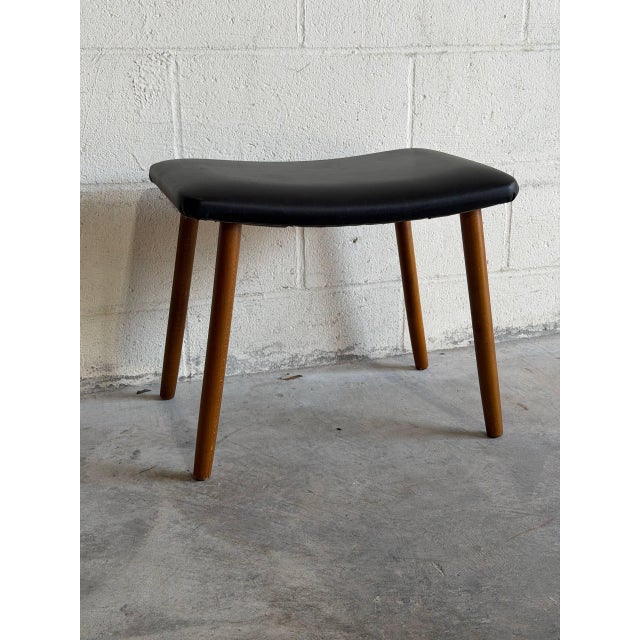 Danish Modern Teak Ottoman Footstool Black Vinyl Mid Century Scandinavian Stool For Sale In Los Angeles - Image 6 of 7
