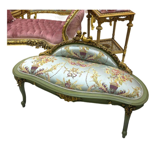 French Green Blue Settee – Gold Leaf Frame, Cherub Angel Detail & Damask Fabric For Sale