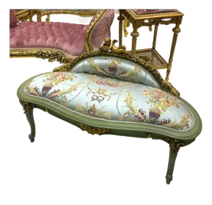 French Green Blue Settee – Gold Leaf Frame, Cherub Angel Detail & Damask Fabric