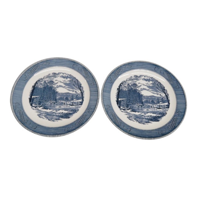 Mid 20th Century Mid-Century Modern Currier and Ives Large Blue Chop Plates Getting Ice Pattern - a Pair For Sale