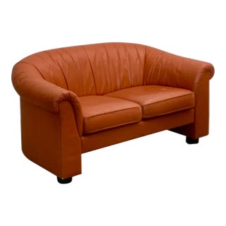 1970s Orange Leather Loveseat Denmark For Sale