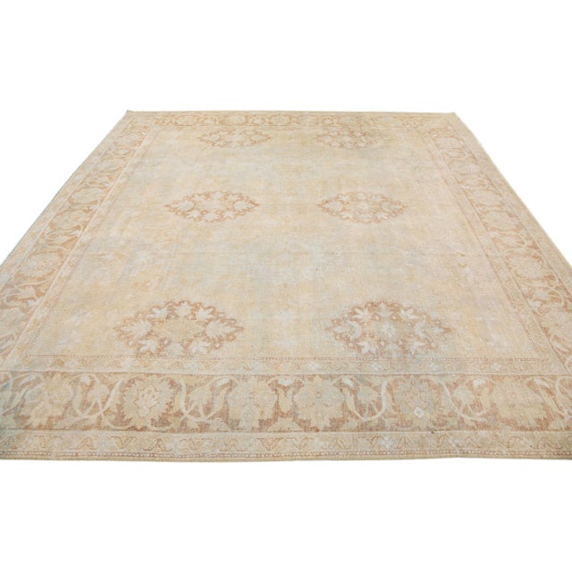 Indian 1920s Beige Antique Indian Agra Handmade Square Wool Rug With Allover Motif For Sale - Image 3 of 8
