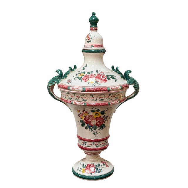 Veuve Perrin Factory 1 of 2 Huge Vintage Faience Pottery Covered Urn For Sale - Image 4 of 8