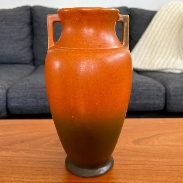 1920s Roseville Rosecraft, Ombre Burnt Orange and Burnt Umber, Art Pottery Vase For Sale - Image 12 of 13