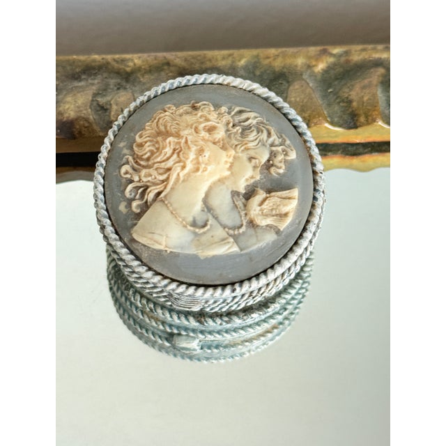 Victorian Vintage Neo Classical/Victorian Revival Estée Lauder Blue Cameo Twin Sisters Solid Perfume Compact For Sale - Image 3 of 16