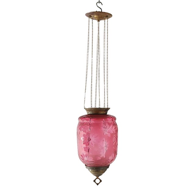 Antique Victorian Cut To Clear Cranberry Glass & Brass Hanging Hall Light Circa 1880 For Sale