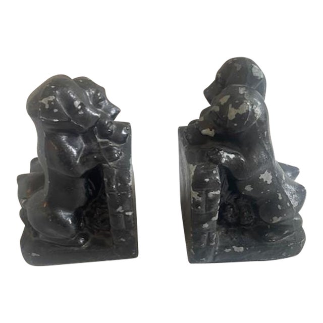 1920s Art Deco "Three Orphan Puppies" Cast Metal Bookends - A Pair For Sale