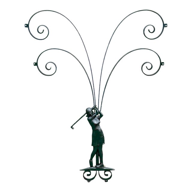 Hollywood Regency Wrought Iron Lady Golfer Exterior/Interior Wall Sculpture For Sale