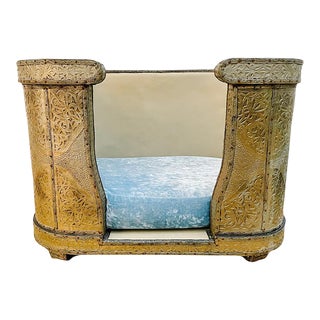 French Brass Repousse Wood Dog Bed With Blue Velvet Pillow For Sale