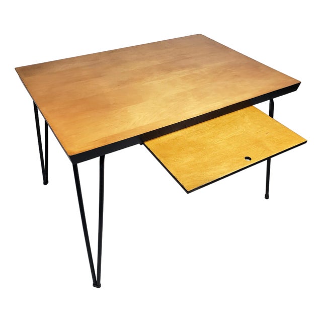 Vintage Original Mid-Century Modern Maple Wood Table W Hairpin Metal Legs & Wood Pull-Out For Sale