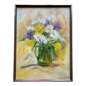 Vintage 1960’s Impressionist Floral Still Life White Purple and Yellow Flowers