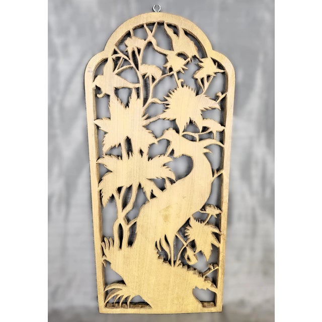 1970s Vintage Phoenix Peony Chinese Relief Carved Wood Panel Wall Sculpture For Sale - Image 4 of 11