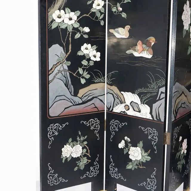 Ebonized Chinoiserie Decorated Four Panel Landscape Screen with Garden, 20th Century For Sale - Image 6 of 13