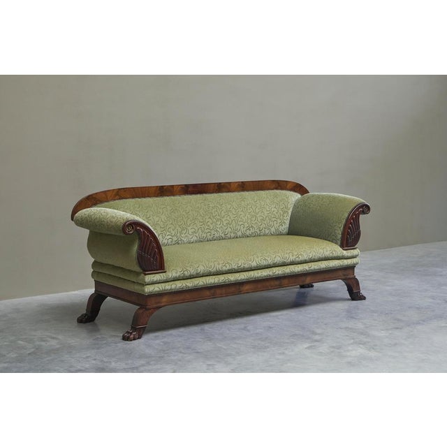 Sculptural Regency Sofa in Figured Mahogany Veneer and Velvet, 1800s For Sale - Image 4 of 11
