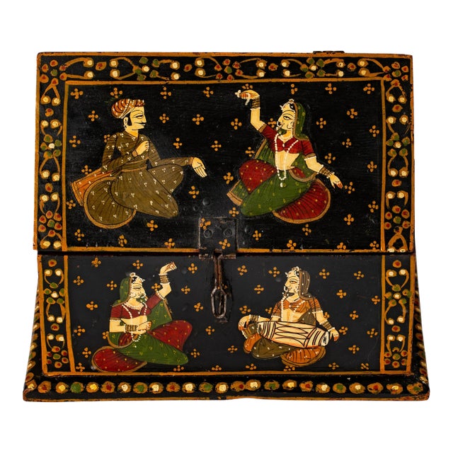 Vintage Rajasthani Indian Hand Painted Wood Jewelry Dowry Box For Sale
