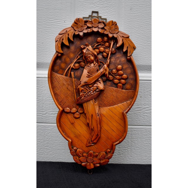 Chinese Vintage Chinese Hand Carved Wood Wall Plaque High Relief Asian Woman Flower Art For Sale - Image 3 of 13