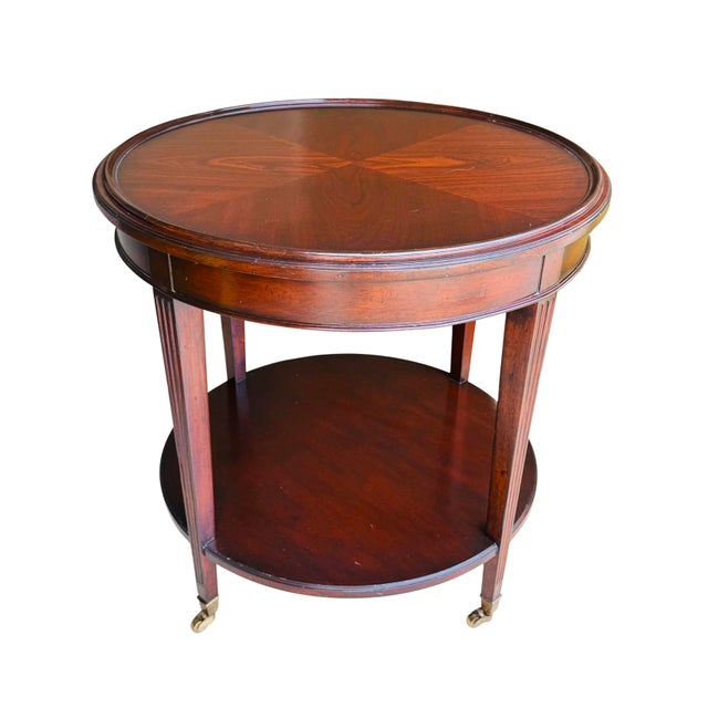 Wood Vintage Mahogany Two-Tier Side Table | Bookmatched Starburst Top | Fluted Legs | Brass Caster Feet For Sale - Image 7 of 11