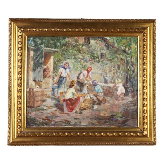 Elena Bagnati, Scene with Women at the Washhouse, Oil Painting on Canvas, Framed For Sale