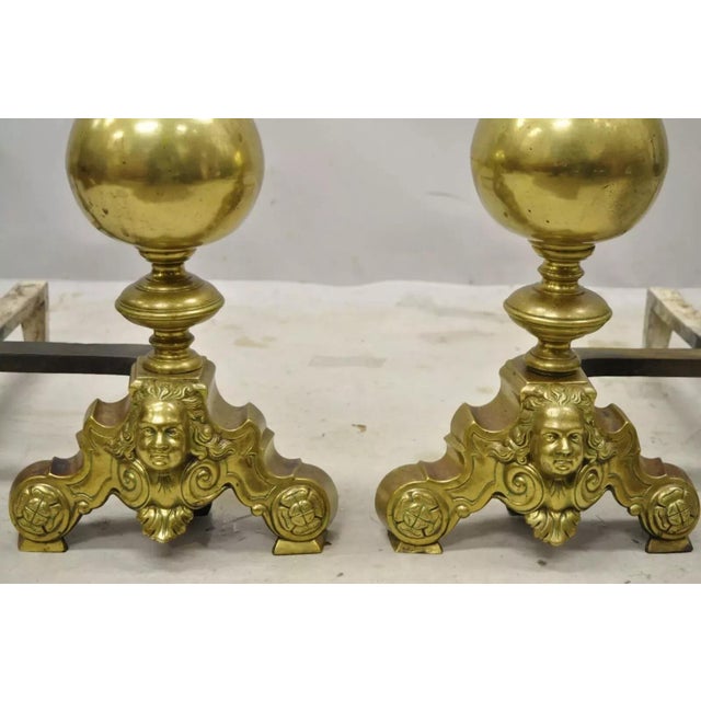 Rococo Vintage Beethoven Face French Rococo Brass Cannonball Fireplace Andirons - Pair For Sale - Image 3 of 12
