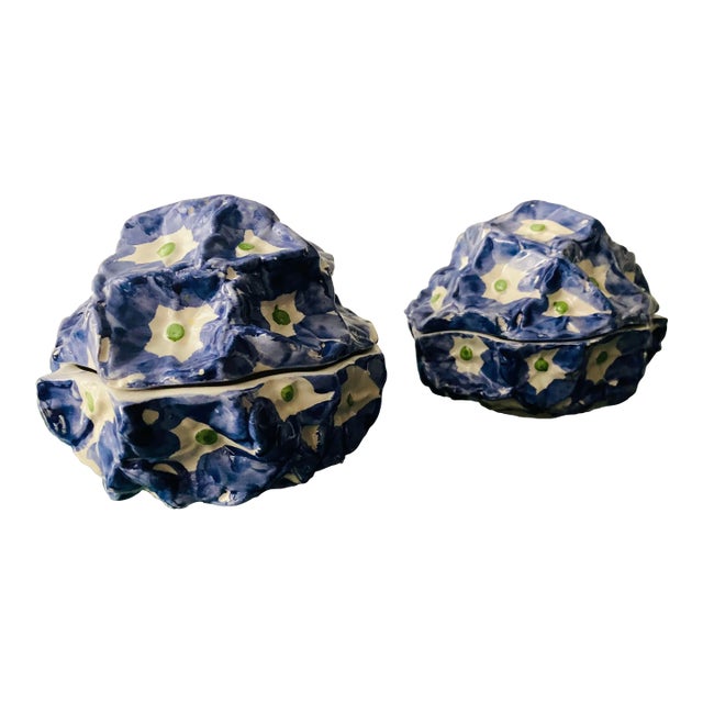 Italian Mid 20th Century Majolica Blue and White Rounded Boxes-Set of 2 For Sale