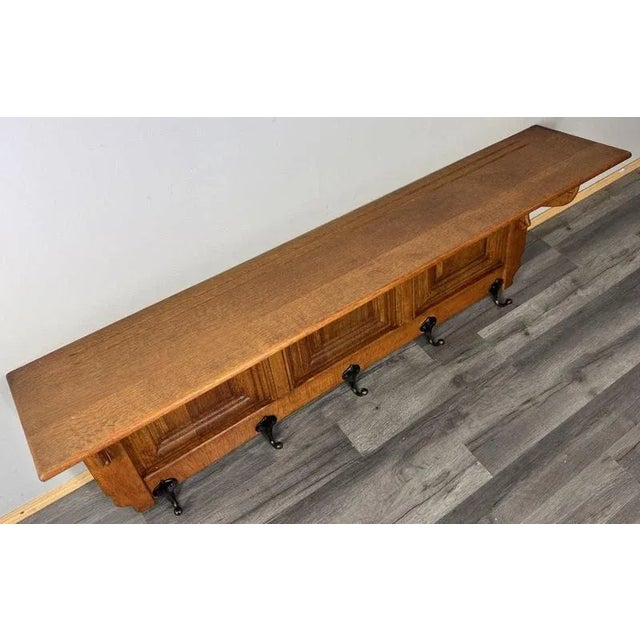 French Vintage Carved Oak Coat Rack with 5 Metal Hooks For Sale - Image 6 of 9