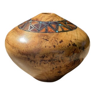 Late 20th Century Signed Studio Spalted Maple Turned Wood Vessel With Copper, Silver Turquoise Inlay For Sale