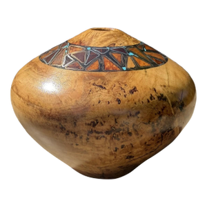 Late 20th Century Signed Studio Spalted Maple Turned Wood Vessel With Copper, Silver Turquoise Inlay