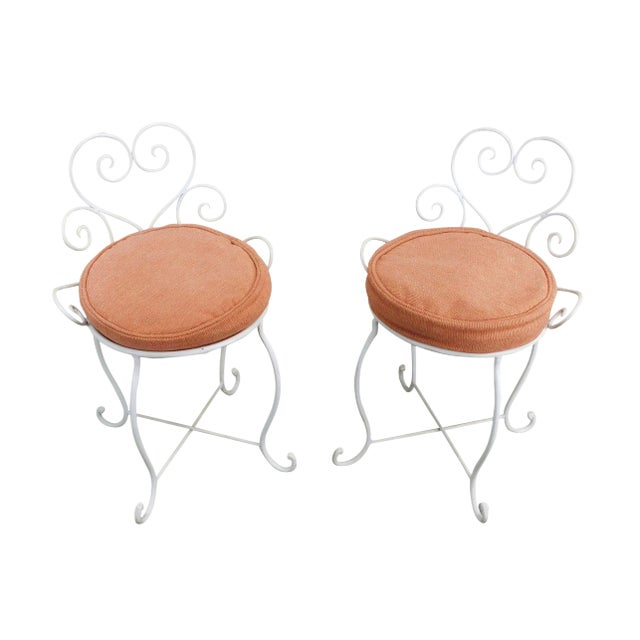 Wrought Iron White Painted Small Garden Stools - a Pair For Sale