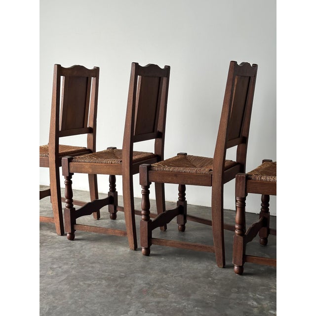 Wood Early 20th Century French Carved Oak Rush Seat Dining Chairs, Set of 8 For Sale - Image 7 of 18