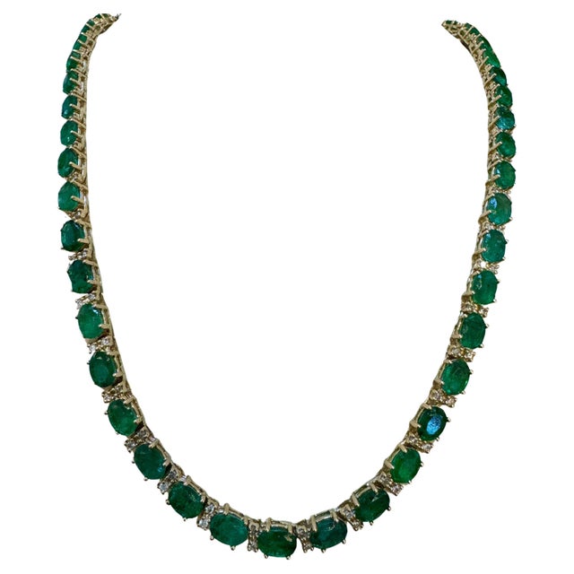 40 Carat Oval Brazilian Emerald & 3 Carat Diamond Tennis Necklace 14 Karat Gold For Sale - Image 17 of 18