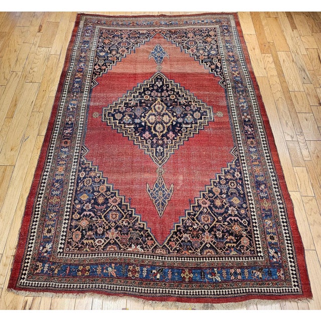 19th Century Persian Bidjar Rug, Geometric Pattern, Handwoven Wool, Red & French Blue, 8’ X 12’ For Sale - Image 11 of 11