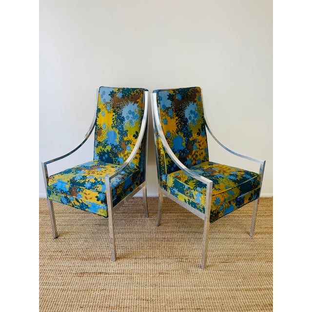 Milo Baughman Vintage 1970s Set of 6 Milo Baughman X Jack Lenor Larsen Floral Upholstered Dining Chairs Mid Century Modern For Sale - Image 4 of 10