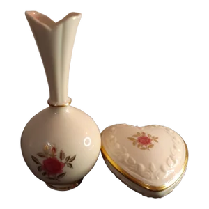 Lenox Porcelain Handpainted Heart Shape Trinket Holder & Bud Vase Set